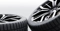 Wheels with modern alu rims on white background, close-up banner