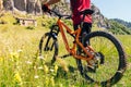 Wheels of mountain bike and biker on flower meadow