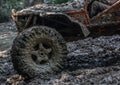 Wheels of off road car stuck full of mud Royalty Free Stock Photo