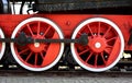 Wheels of the old locomotive of red color Royalty Free Stock Photo