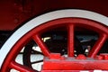 Wheels of an old steam locomotive close-up, wheels of a steam locomotive in red. Royalty Free Stock Photo