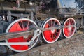 Fragment of an old steam locomotive close-up. Steam locomotive wheels Royalty Free Stock Photo