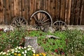 Old wagon buggy wheels used as a backyard decoration Royalty Free Stock Photo