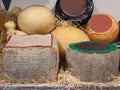 Wheels of Pecorino Cheese Exhibited in Delicatessen Royalty Free Stock Photo