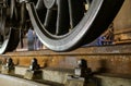 wheels of a railway train on rails close up, cargo transportation Royalty Free Stock Photo