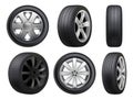 Wheels realistic. Tyres road maintenance vector automobile 3d automobile items collection