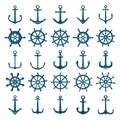 Wheels ship anchors icon. Steering wheels boat and ship anchors marine and navy symbols. Vector silhouettes for logo