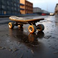 Wheels of a skateboard meeting the textured embrace of city asphalt