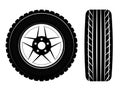 Wheels and tires are black. For a logo or emblem of a tire store or car workshop. For tire fitting.