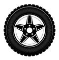 Wheels and tires are black. For a logo or emblem of a tire store or car workshop.