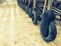 Wheels of trolleys for transportation of luggage Royalty Free Stock Photo
