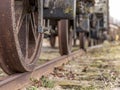 Wheels on a vintage train wagon. old red vintage train wagon Royalty Free Stock Photo