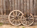 Wheels in the wooden log house in Russian village in the middle