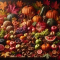 Autumn leaves alongside seasonal fruits, vegetables, and other natural elements ,Generative AI Royalty Free Stock Photo