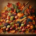 Autumn leaves alongside seasonal fruits, vegetables, and other natural elements ,Generative AI Royalty Free Stock Photo