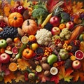 Autumn leaves alongside seasonal fruits, vegetables, and other natural elements ,Generative AI Royalty Free Stock Photo