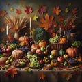 Autumn leaves alongside seasonal fruits, vegetables, and other natural elements ,Generative AI Royalty Free Stock Photo