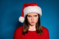 Where chirstmas party gift present close up portrait sullen anger girl grimace have bad mood newyear event wear season