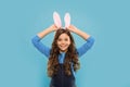 Where Easter rabbit comes from. Happy bunny rabbit. Little girl wear rabbit ears. Beauty look of baby rabbit. Small