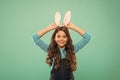 Where Easter rabbit comes from. Happy bunny rabbit. Little girl wear rabbit ears. Beauty look of baby rabbit. Small