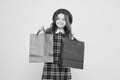 Where fashion comes to life. Shopping day. Happy child hold packages. Girl with shopping bag. Save money. Rediscover Royalty Free Stock Photo