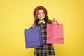 Where fashion comes to life. Shopping day. Happy child hold packages. Girl with shopping bag. Save money. Rediscover Royalty Free Stock Photo