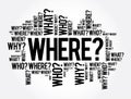 WHERE? - Questions whose answers are considered basic in information gathering or problem solving, word cloud background