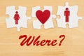 Where to find love, Three puzzle pieces with a heart and a man and woman