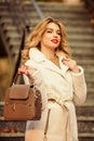 Where to go next. glamour girl look luxuriously. sexy blong woman red lipstick. autumn season. european winter. girl