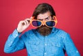 Where is your mood. looking so stylish. going crazy and having fun. mature bearded man wear funny party glasses. brutal Royalty Free Stock Photo