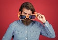 where is your mood. looking so stylish. going crazy and having fun. mature bearded man wear funny party glasses. brutal Royalty Free Stock Photo