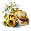 Escape to the Sunflowers with a Summer Straw Hat and Fruits AI Generated Royalty Free Stock Photo