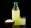 Whey dairy product in a glass and bottle