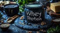 Whey protein jar with healthy ingredients on a rustic table Royalty Free Stock Photo