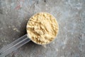 Whey protein powder in a measuring scoop on textured background Royalty Free Stock Photo