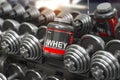 Whey protein powder in a row of dumbbells in a gym. Sports bodybuilding supplements and nutrition