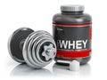Whey protein powder with scoop and dumbbell.Bodybuilder nutriti