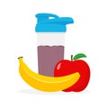 Whey protein, shaker, banana and apple fruits. Vector