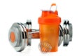 Whey protein shaker and dumbbells.