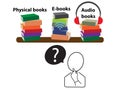 Person asking what to choose between physical books, e-books and audio books