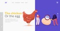 Which Came First Chicken or Egg Landing Page Template. Tiny Characters at Huge Hen with Magnifier Solve Paradox, Dilemma