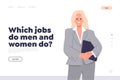 Which do man and woman concept for landing page with flat cartoon happy female lawyer character