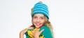 Which fabrics will keep you warmest this winter. Girl long hair happy face white background. Kid wear warm soft knitted