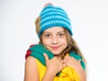 Which fabrics will keep you warmest this winter. Hat and scarf keep warm. Kid wear warm soft knitted blue hat and long