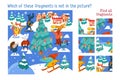 Which of these fragments is not in the picture. Find all fragments. Christmas forest with cute animals characters and Royalty Free Stock Photo