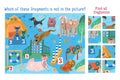 Which of these fragments is not in the picture. Find all fragments. Dog show with cute animals characters. Child Game