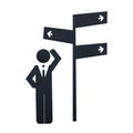 Which Way to Choose? - Business Decision Design Concept - Businessman Figure Scratching His Head While Standing Beside a Road Sign Royalty Free Stock Photo