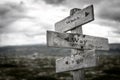 Which way to go wooden signpost outdoors in nature. Royalty Free Stock Photo