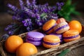 Whicker basket with purple and orange macarons near lavender flowers, fresh oranges and orange juice Royalty Free Stock Photo