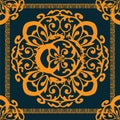 Whimsical abstract Arabian pattern with orange curls for scarf. Ornament with mandala on navy background.Colourful backdrop with